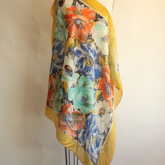 Vintage 1940s 1950s Silk Scarf, Square Floral Print Headscarf, Blue Teal Gold an - Picture 2 of 10